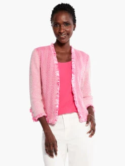 Zig Zag Fringe Mix Knit Jacket SHOCKING PINK