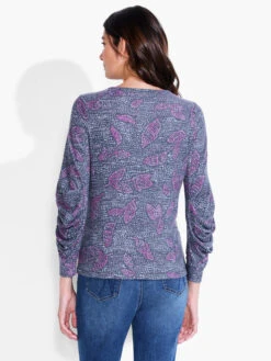 NZT Dotty Leaves Ruched Sleeve Crew Neck PINK MULTI -Varley Nik Shop NZTF232042PKMPRODUCT 03