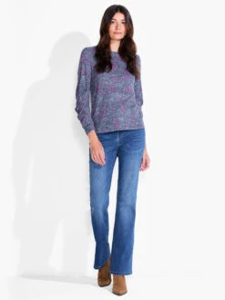 NZT Dotty Leaves Ruched Sleeve Crew Neck PINK MULTI -Varley Nik Shop NZTF232042PKMPRODUCT 04