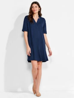 NZT Short Sleeve Notched V Dress DARK INDIGO -Varley Nik Shop NZTM231259DIDPRODUCT 04