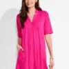 NZT Short Sleeve Notched V Dress SHOCKING PINK