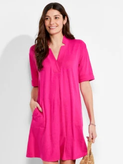 NZT Short Sleeve Notched V Dress SHOCKING PINK