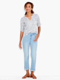 NZT Ikat Ruched Elbow Sleeve Split Neck BLUE MULTI -Varley Nik Shop NZTS231023BLTPRODUCT 04